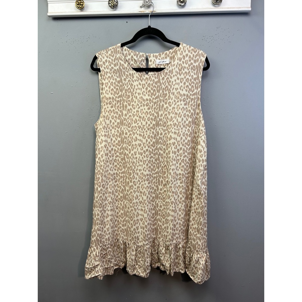 Girl and the Sun Dress Womens Large Tan Leopard Ruffle Hem‎ Shift Sleeveless